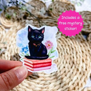 Black cat sticker / cats and books sticker / stacked books sticker / holographic sticker / gifts for book lovers / gifts for cat lovers