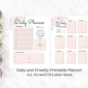 Planejador diário e semanal, os tamanhos incluem A4, A5 e US LETTER. Planejador em branco. Download instantâneo e planejador para impressão. Inserções de planejador.