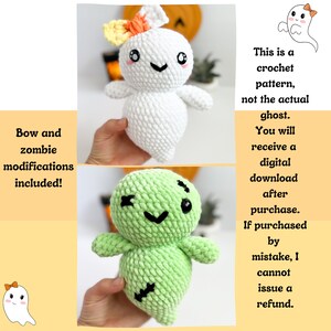 May include: A crochet pattern for a cute ghost with a bow. The pattern includes instructions for a zombie version of the ghost. This is a digital download, not the actual crocheted ghost.