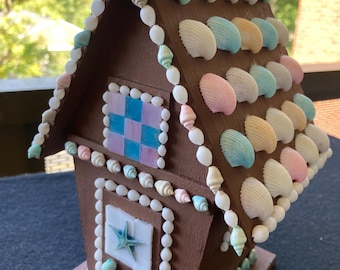 Faux Gingerbread Pastel Roof Cottage * Seashells Simulate Icing and Candy / Stained Glass Windows