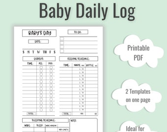 May include: Printable black and white baby daily log with sections for diapers, feeding schedule, and sleeping schedule. The log includes checkboxes for pee and poo, and columns for time, nurse, bottle, wake, sleep, wake window, and nap length.