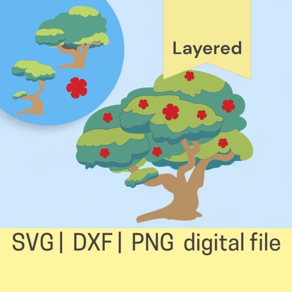 Arbre en couches, fichier numérique simple| SVG, DXF et PNG| Décoration pour gâteau Cupcake | Lime en papier découpé | Parc| Cour | Cabane dans les arbres| Dessin animé| Chien bleu