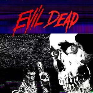 Puede incluir: Una ilustración en blanco y negro de una calavera con la boca abierta y ojos grandes. La calavera se superpone a una imagen en blanco y negro de un hombre sosteniendo una motosierra. El fondo es un patrón pixelado y con errores de azul, verde y rojo.