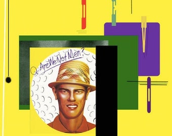 Op de afbeelding: Een gele achtergrond met zwarte, groene en paarse geometrische vormen. Een witte cirkel met een golfbalpatroon bevat een man met een strohoed en een groen shirt. De tekst "Q: Are We Not Men?" staat in zwart op de cirkel. De tekst "Something about the way you taste Makes me wanna clear my throat" staat in zwart bovenaan de afbeelding. De tekst "There's a method to your movements That really gets my goat" staat in zwart in het midden van de afbeelding. De tekst "I looked for silver linings But you're rotten to the core" staat in zwart onderaan de afbeelding.