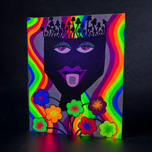 Original Psychedelic Colorful Black Light Acrylic Painting on Canvas Glitter Mushrooms