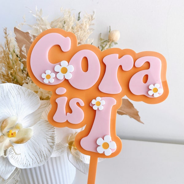 Personalizado de doble capa Groovy Font Acrílico Cake Topper Daisy Cake Topper Groovy Birthday Cake Topper Nombre Cake Topper Flower Cake Topper