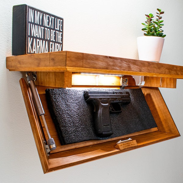 Floating Concealment Shelf - Oak  23" x 10.5" w/ Removable Magnetic Motion Light, Magnetic Keyed Entry