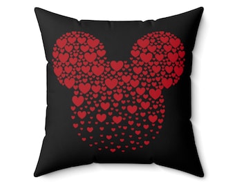 Mickey Mouse Heart With Black Background Spun Polyester Square Pillow, Mickey Pillow Gifts For Boys Girls Kids