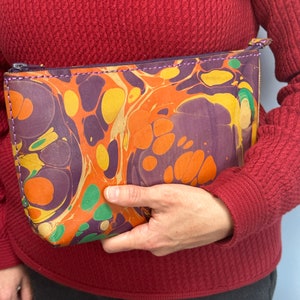 Handmade Genuine Leather Clutch Bag With Ebru Art Design For Gifts, Bohemian Handbag Made With Marbling Art