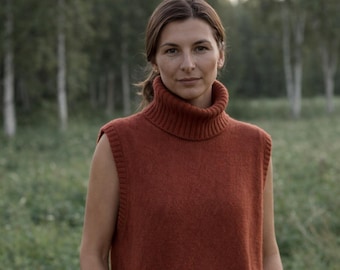 Handmade Alpaca Silk Knit Turtleneck Vest - Oversize Wool Vest