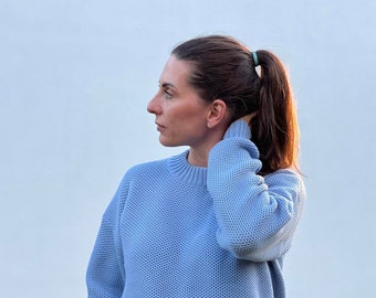 Merino Wool Knit Sweater: Women's Blue Pullover Top