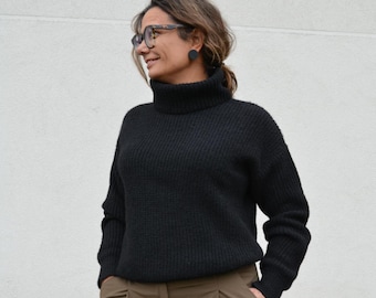 Alpaca Silk Turtleneck Sweater, Oversized High Collar Pullover