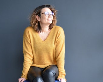 Mohair Silk Knit Sweater: Women's Lightweight Pullover, Curry S-M