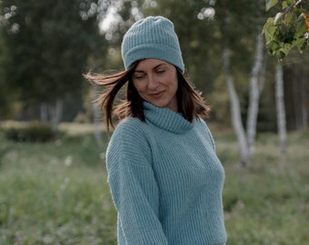 Alpaca and silk turtleneck, handmade pullover, women's turtleneck, high collar, hand knit, rough knit sweater