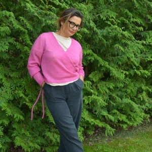 Women's hand knit mohair sweater, pink mohair and silk cardigan, silk cardigan, pink top, long sleeves image 2