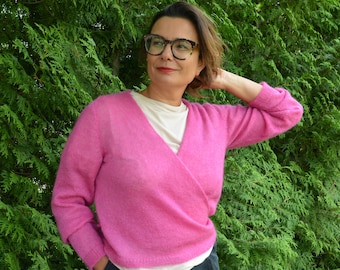 Women's hand knit mohair sweater, pink mohair and silk cardigan, silk cardigan, pink top, long sleeves