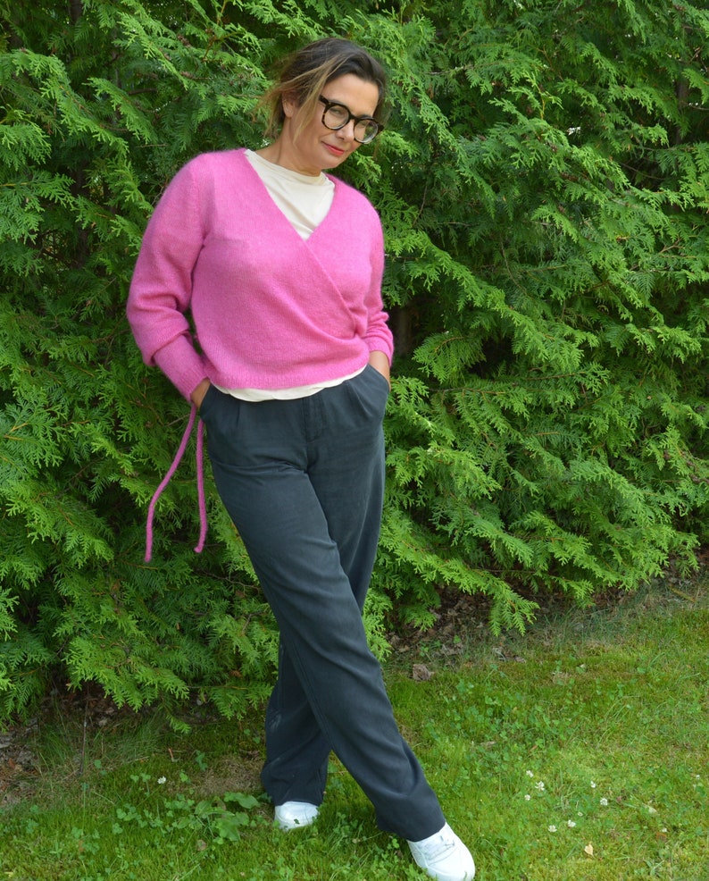 Women's hand knit mohair sweater, pink mohair and silk cardigan, silk cardigan, pink top, long sleeves image 2