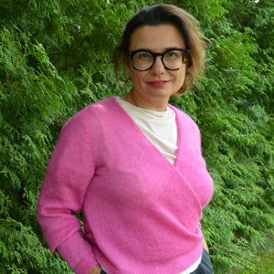 Women's hand knit mohair sweater, pink mohair and silk cardigan, silk cardigan, pink top, long sleeves image 3