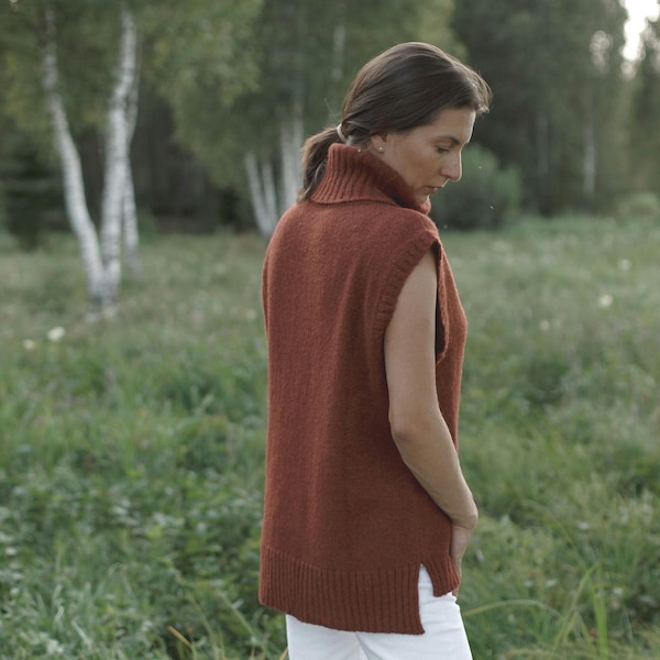 Handmade Alpaca Silk Knit Turtleneck Vest - Oversize Wool Vest