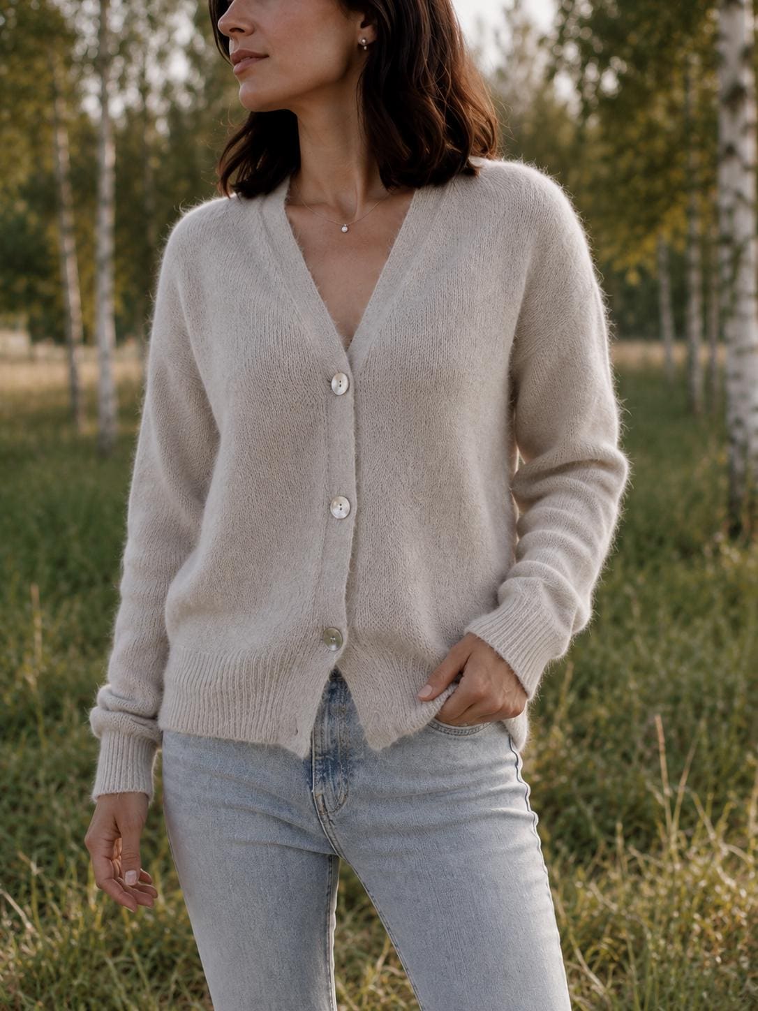 Mohair Silk Cardigan, Raglan Sleeve Knit Sweater, Natural Shell Buttons Knitwear