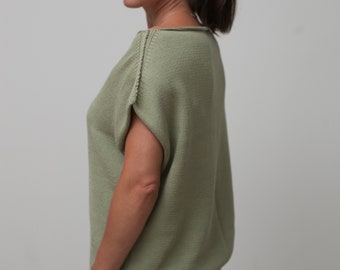Hand Knit Cotton Vest: Organic Summer Sleeveless Top, Size M