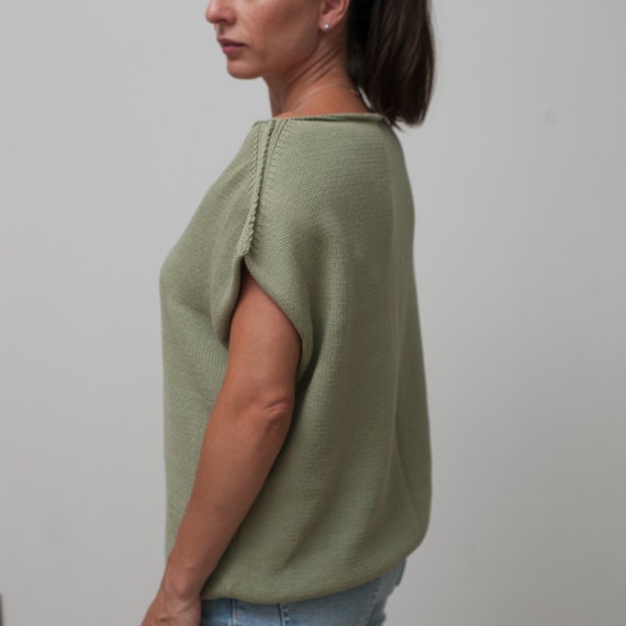 Hand Knit Cotton Vest: Organic Summer Sleeveless Top, Size M