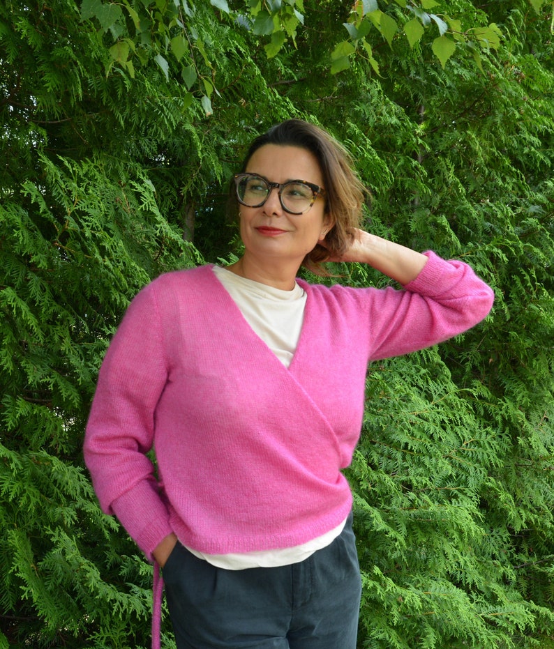 Women's hand knit mohair sweater, pink mohair and silk cardigan, silk cardigan, pink top, long sleeves image 1
