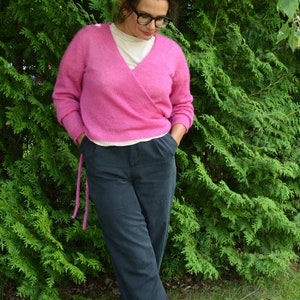 Women's hand knit mohair sweater, pink mohair and silk cardigan, silk cardigan, pink top, long sleeves image 4