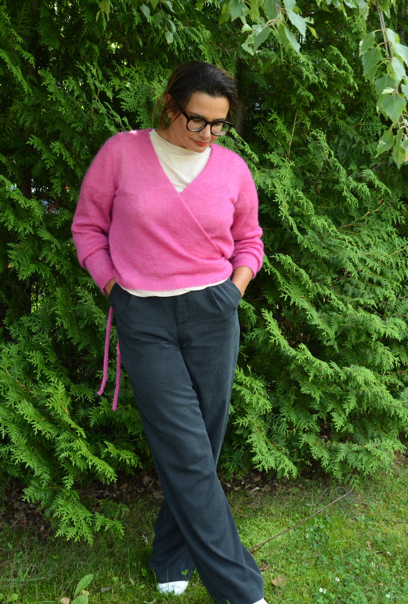 Women's hand knit mohair sweater, pink mohair and silk cardigan, silk cardigan, pink top, long sleeves image 4