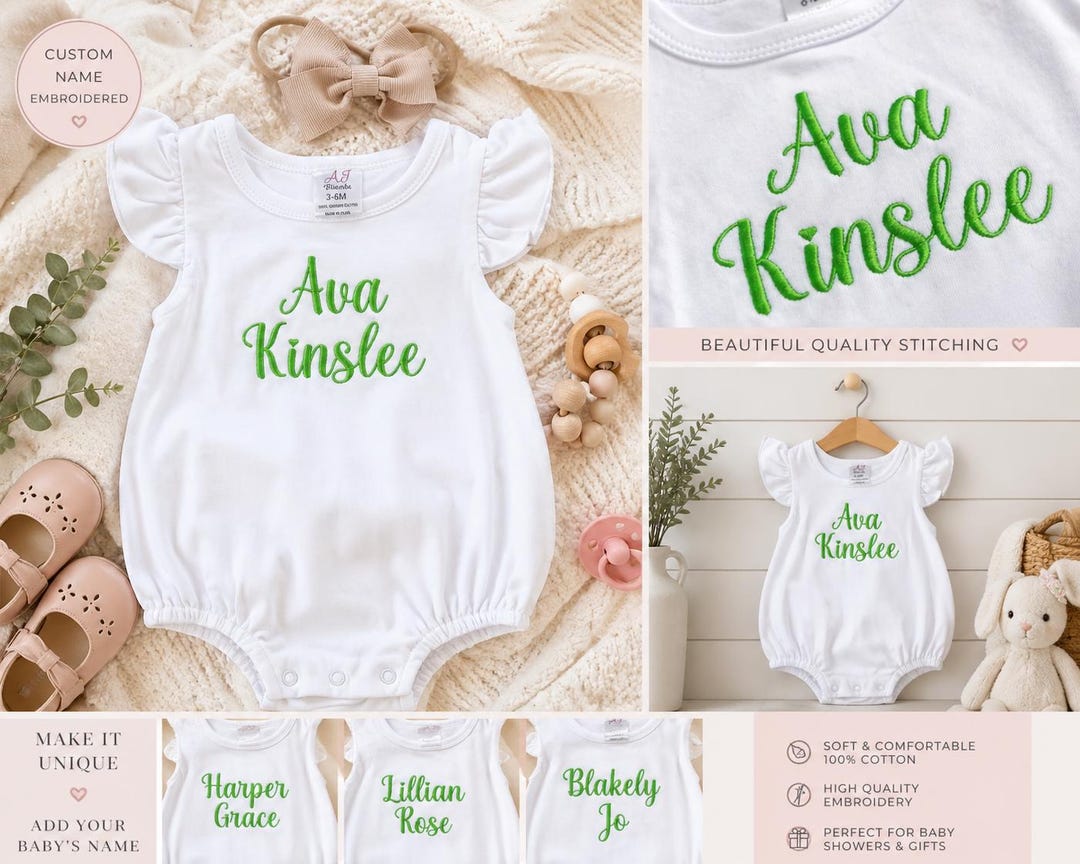 Embroidered Baby Romper | Embroidered Name Ruffle Onesie - Etsy