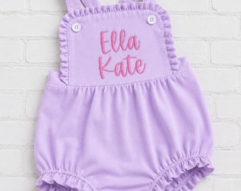 Embroidered Baby Girl Bubble Romper | Custom Name Outfit, Ruffle Trim, Baby Shower Gift