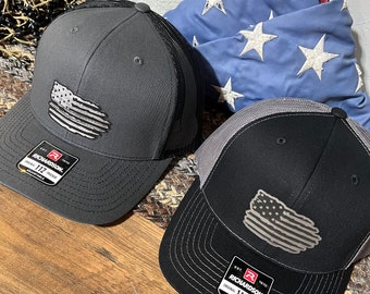 Distressed Flag Richardson 112 Hat, Leatherette Patch, American Flag Trucker Hat, ‘Merica