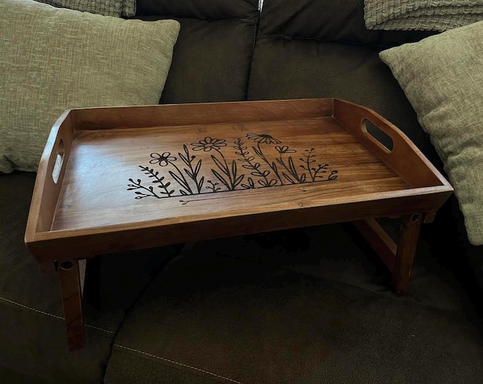 Laser Engraved Wooden Breakfast Tray: Collapsible Bed Serving Tray