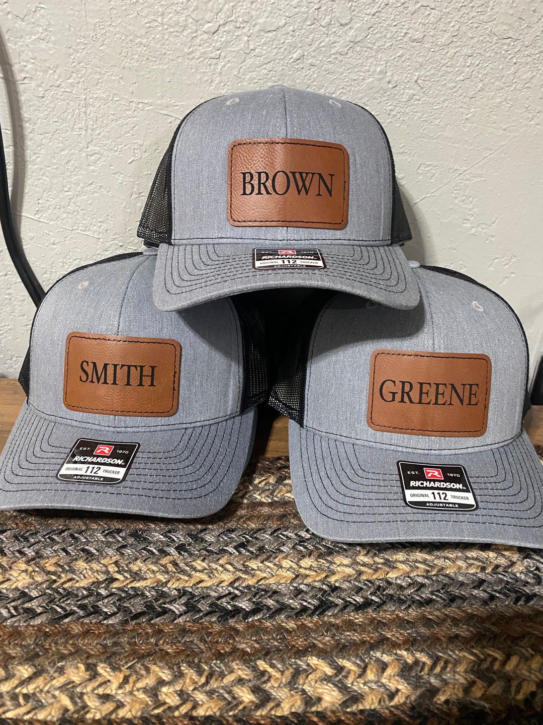 Custom Leather Patch Name Hats, Richardson 112 Name Hats, Leather Patch