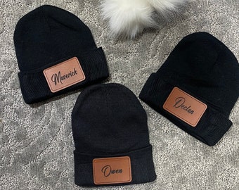 Leatherette Patch Name Beanies, Personalized Name Beanie, Winter Stocking Cap