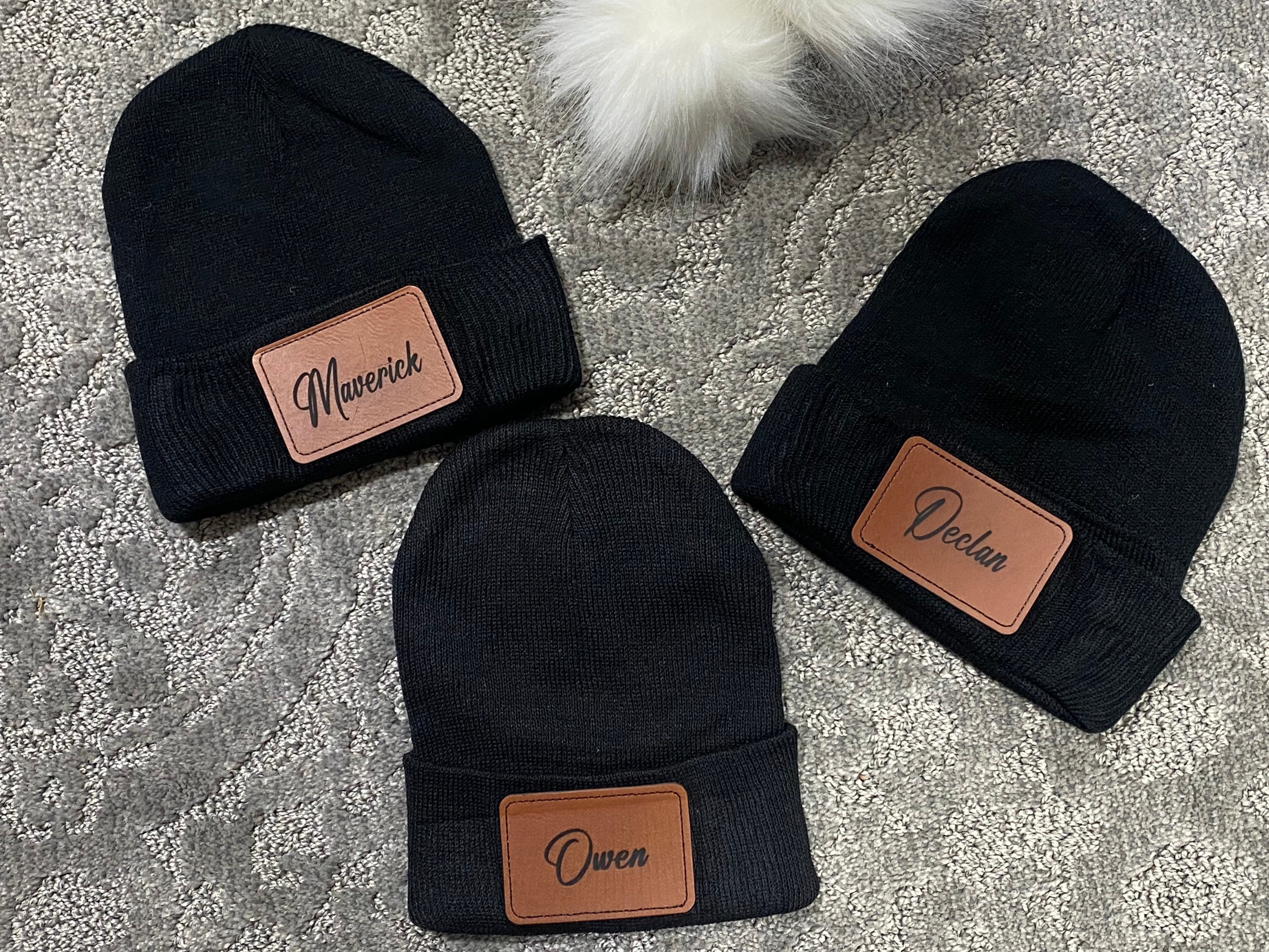 Leather Patch Name Beanies, Personalized Name Beanie, Winter