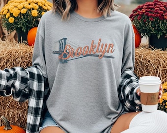 Camiseta estampada del Puente de Brooklyn, top de estilo urbano vintage de Nueva York, conjunto urbano unisex.