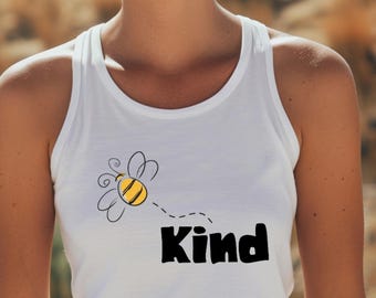 Bee Kind Racerback Tank Top, Women's Graphic Bee Print, Lightweight Cotton Blend