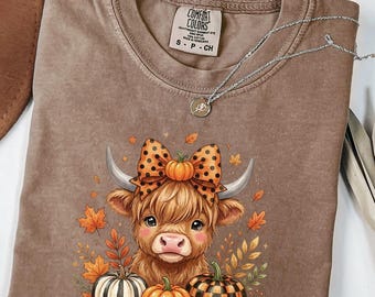 Highland Cow herfstshirt, Comfort Colors T-shirt, geruite pompoenen, cottagecore herfsttop