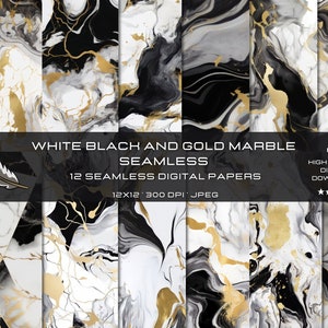 May include: Twelve seamless digital papers featuring white, black, and gold marble patterns. Each paper is 12x12 inches and 300 DPI.