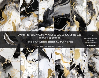12 White Black and Gold Marble Abstract Seamless Patterns for Commercial Use, High-Quality Textures, Digital Paper for Craft and Design