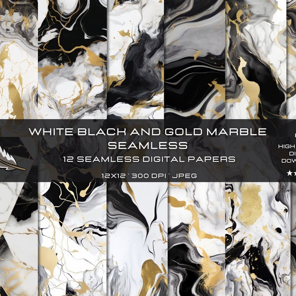 12 White Black and Gold Marble Abstract Seamless Patterns for Commercial Use, High-Quality Textures, Digital Paper for Craft and Design