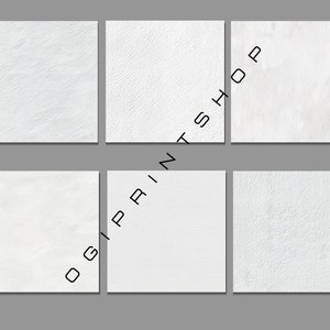May include: Six square white textured paper samples arranged in a grid. Each square displays a different surface texture, ranging from smooth to heavily embossed. The text "OGI PRINT SHOP" is printed vertically on the right side.