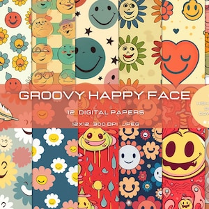 12 Groovy Happy Face Pattern, Floral Retro, Perfect for Scrapbooking, 70s Inspired Background, Nostalgic Printable Digital Paper