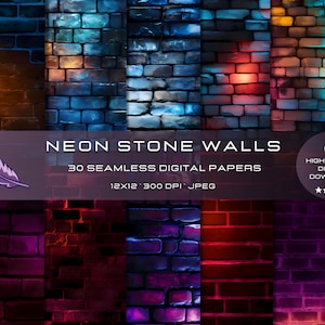 30 Neon Stone Walls Seamless Patterns for Commercial Use, High-Quality Textures, Digital Paper for Craft and Design, Digital Scrapbook Paper