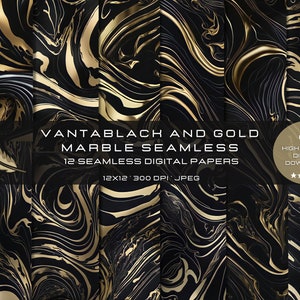 May include: Twelve seamless digital papers featuring a black and gold marble pattern. The papers are 30.48 cm by 30.48 cm and 300 DPI.