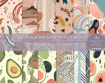 12 carte digitali senza soluzione di continuità in stile Boho-chic astratte, perfette per scrapbooking, creazione di biglietti, progetti fai da te, set di carta per scrapbooking Boho-chic e artigianato.