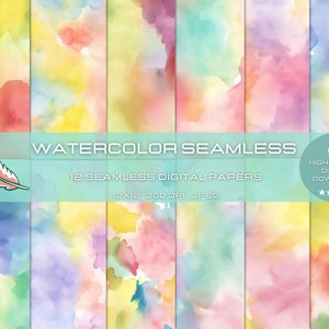 May include: Twelve seamless digital papers featuring watercolour designs in various shades of pink, blue, yellow, and green. The papers are 12x12 inches and 300 DPI.