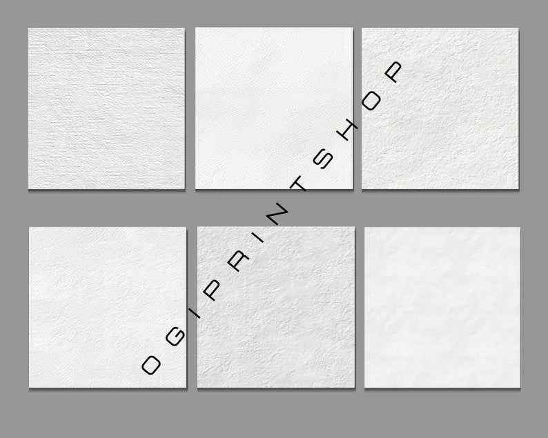 May include: Six white textured square images arranged in a grid. The squares have a subtle, uneven surface, suggesting a canvas or paper texture. The text "OGI PRINT SHOP" is printed diagonally across the image.