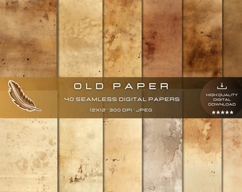 May include: A set of 40 digital paper textures in a variety of brown and beige tones. The papers have a distressed, aged look, with subtle variations in color and texture. The papers are 12 inches by 12 inches and 300 DPI.  "OLD PAPER" and "40 SEAMLESS DIGITAL PAPERS" are written in a brown font on a gold background.